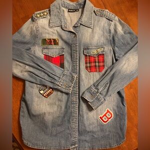 Allen B. By Allen Schwartz Blue Denim Blouse with Patches